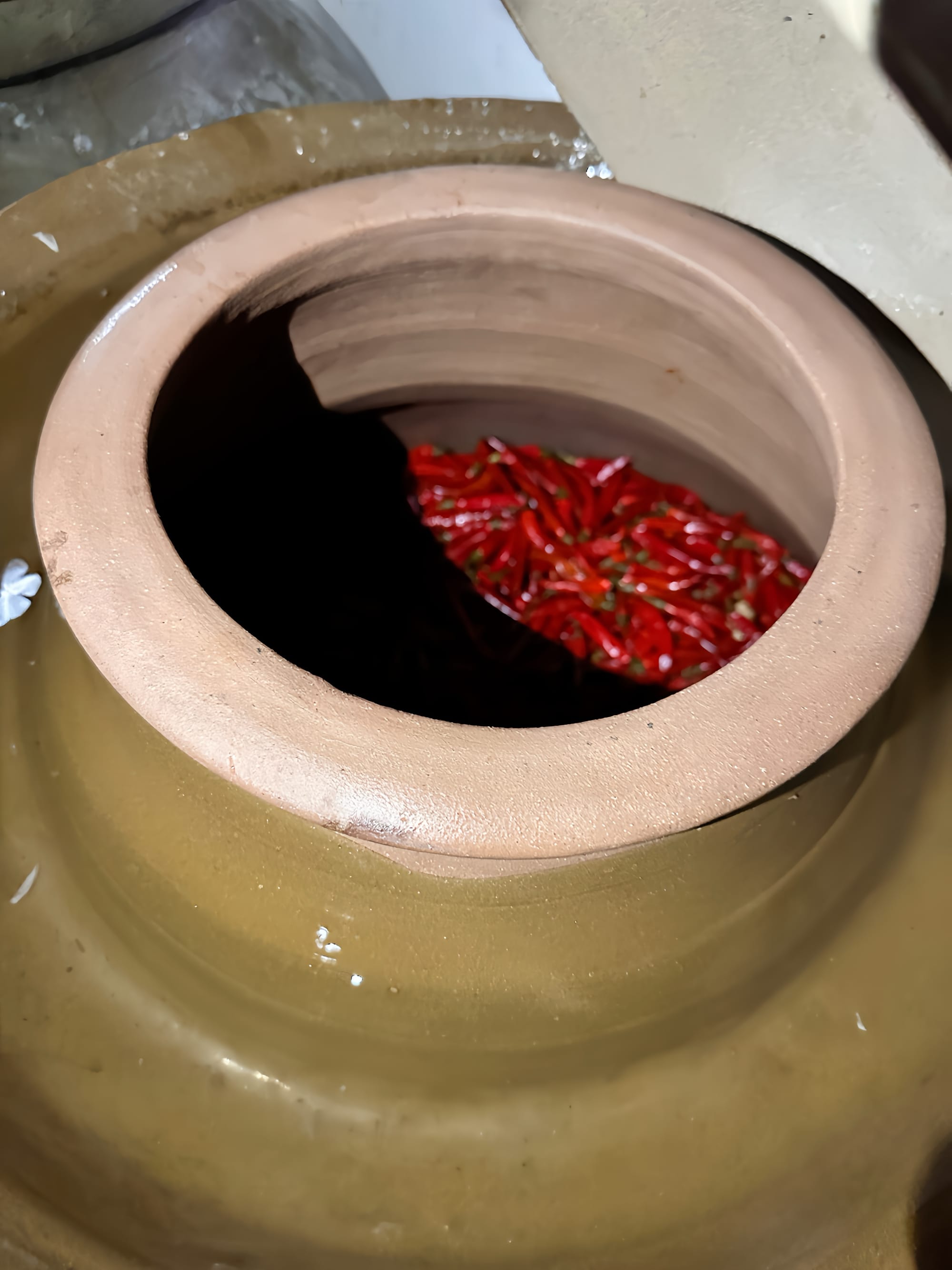 A gigantic ceramic pickling jar the size of a person filled with whole chili peppers.