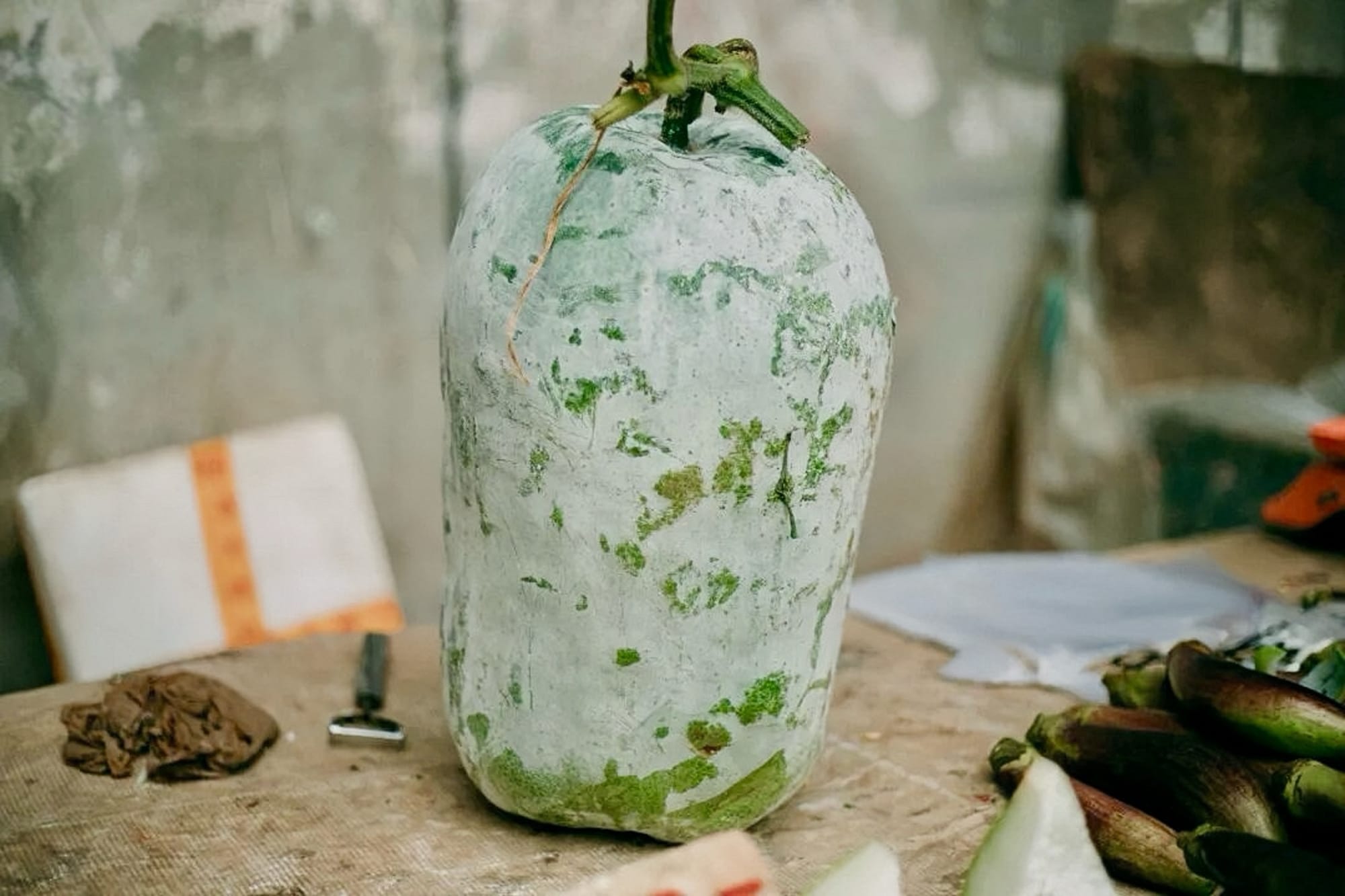 A giant winter melon sits on a wooden box, covered in white frost.
