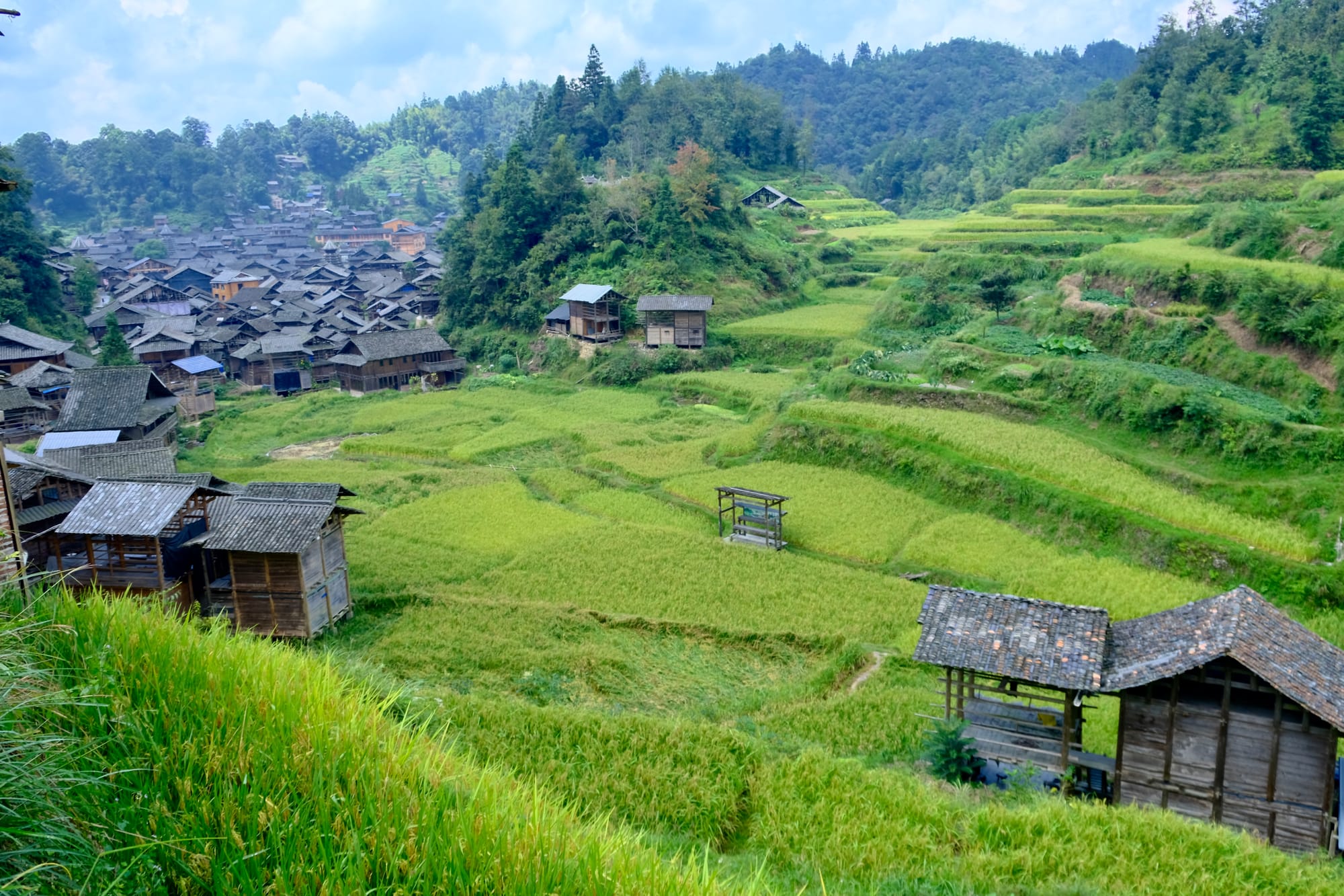 A local Dong village nestled in the rolling green grassy foothills in South Guizhou, cabins made of wood with slate speckle the hillside.
