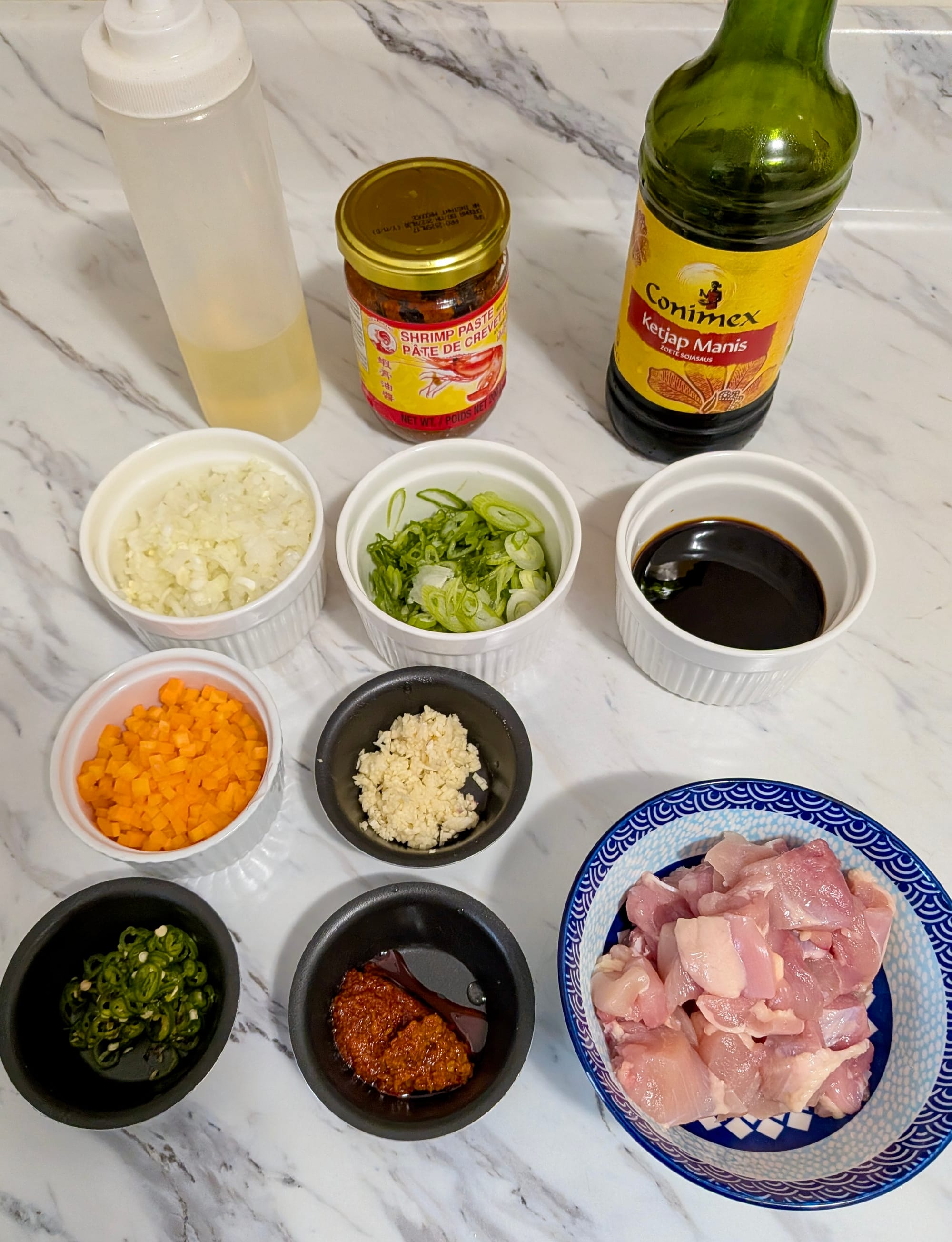 Ingredients portioned in dishes on a counter for Nasi Goreng.