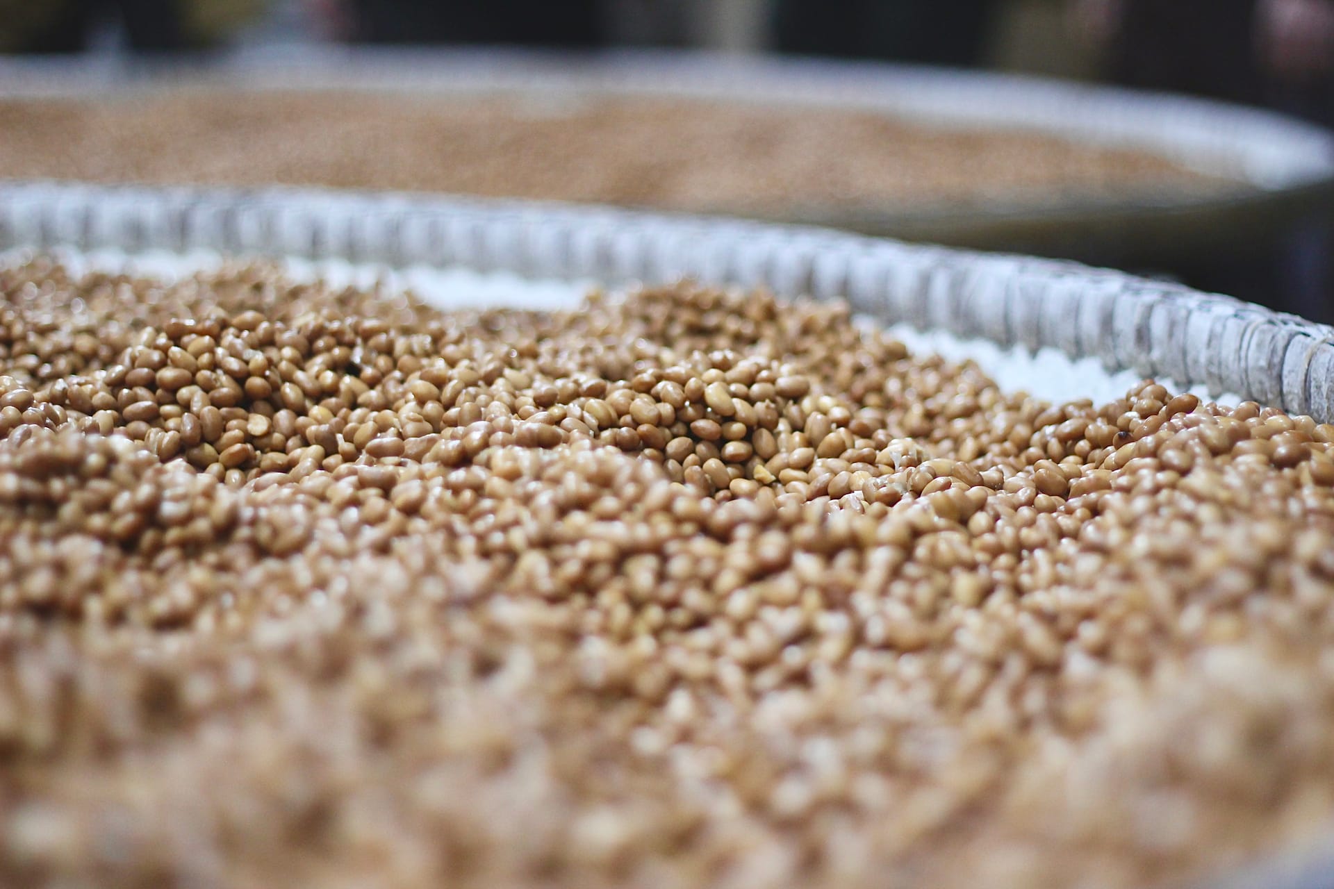 Soaked and steamed golden brown soy beans lay on flower-coated bamboo trays.