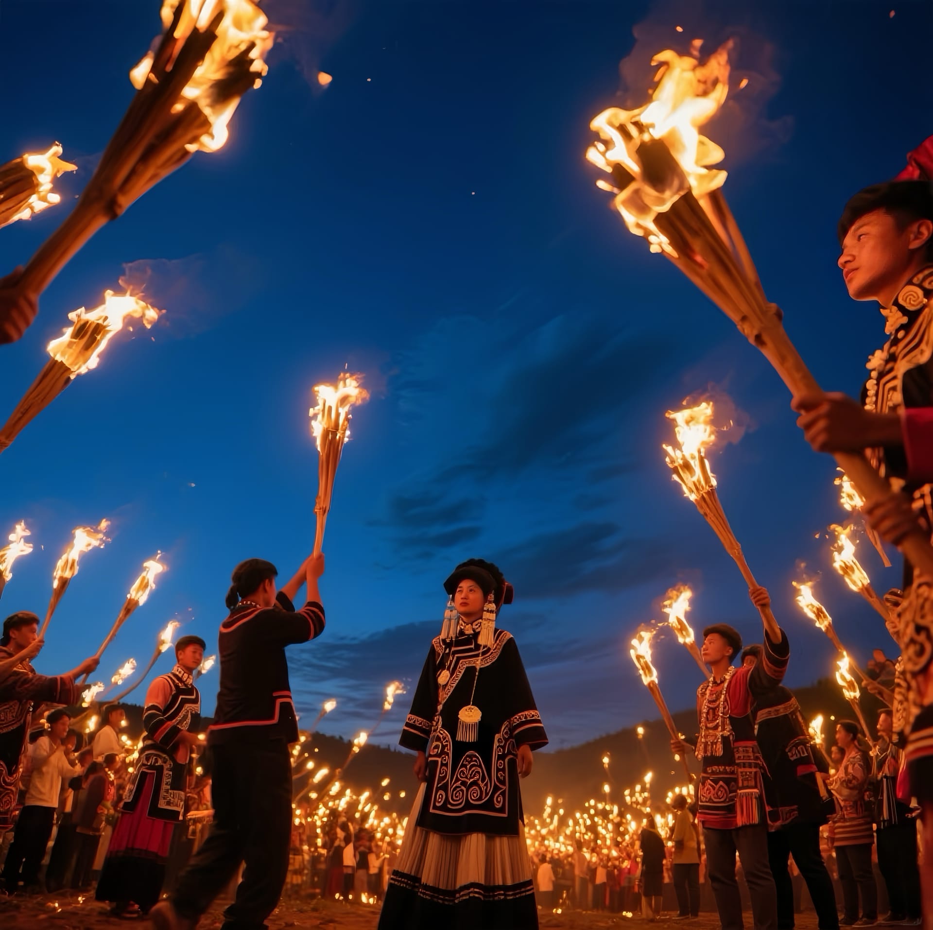 Yi people holding bamboo torches aloft, by the hundreds, surrounding a traditionally dressed Yi woman.