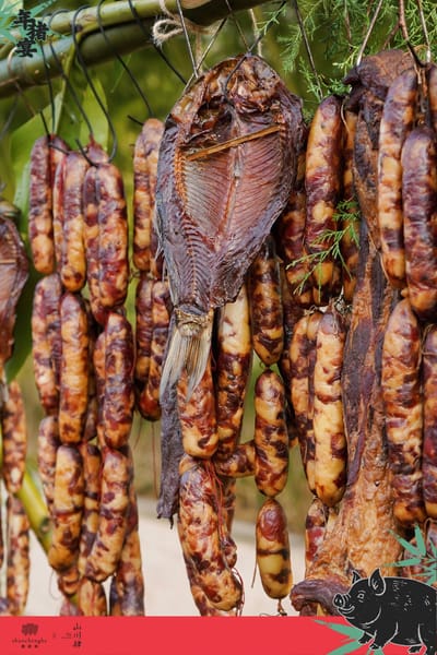 Smoked Sichuan sausage and fish are hanging out on display.