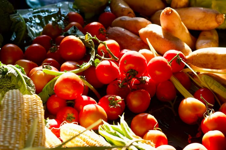 Stacked piles of produce in a market, featuring cobs of corn, tomatoes, and yams.
